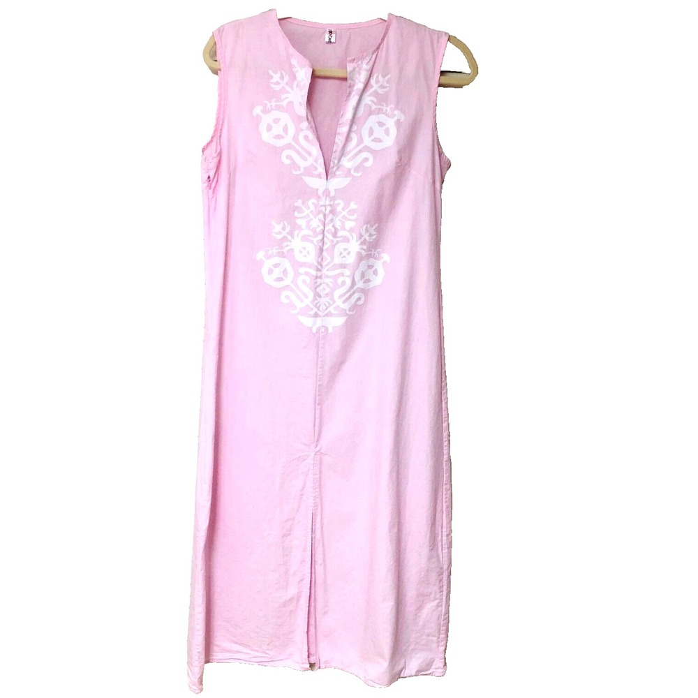 Pink‎ Maxi Dress Women's M V-neck Asian Design Cotton Zip OC Order Plus
